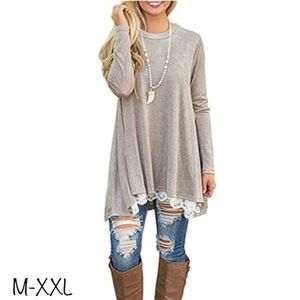 Oatmeal Khaki Tan Long Sleeve Lace Hem Tunic Dress